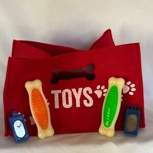 CUTE’ DOG FELT RED STORAGE TOTE WITH COLORFUL CHEW BONE TOYS & TRAINING CLICKS